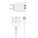 Dual USB charger+ 3 in 1 cable EU plug, Wi-U003